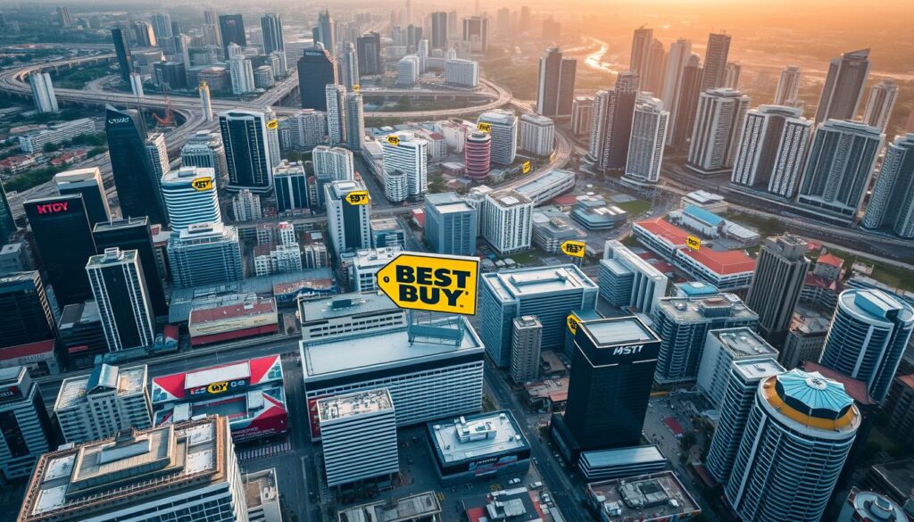 A sprawling aerial view of multiple Best Buy store locations across Singapore's bustling urban landscape. The stores are prominently displayed, their iconic blue and yellow branding standing out against the city's modern skyscrapers and infrastructure. The image captures the strategic placement of the retail outlets, highlighting their accessibility and convenience for shoppers. Warm, diffused lighting from the midday sun illuminates the scene, creating a welcoming atmosphere. The perspective offers a comprehensive overview, allowing the viewer to grasp the scale and reach of the Best Buy network in Singapore.