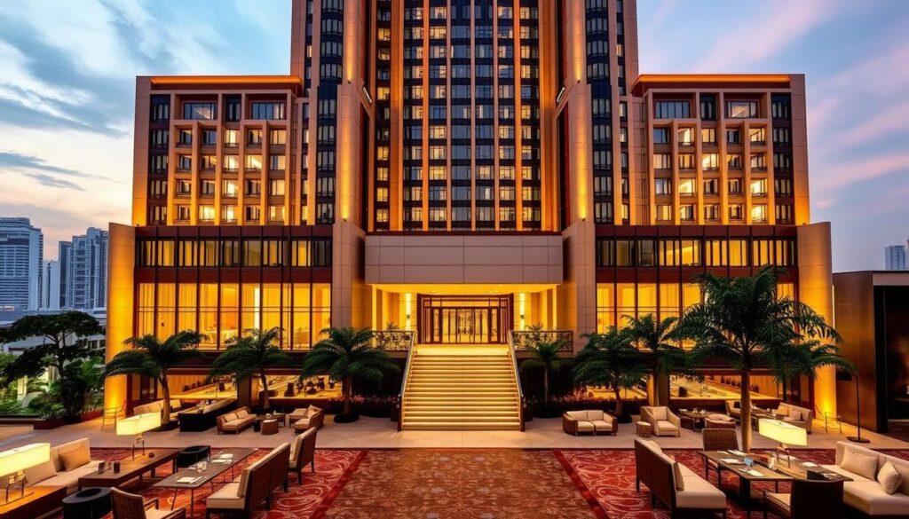 A sprawling luxury hotel, the Hilton Singapore Orchard stands tall, its elegant facade bathed in warm, golden light. Inside, the lobby exudes a refined ambiance, with plush seating areas and a grand staircase leading to the upper floors. The guest rooms offer a serene oasis, featuring floor-to-ceiling windows that overlook the vibrant Orchard Road below. Exquisitely decorated in a modern, minimalist style, the rooms boast plush bedding, sleek furnishings, and tasteful artwork. The hotel's dining options are equally impressive, from the chic all-day restaurant showcasing local and international cuisine to the intimate lounge serving artisanal cocktails and light bites. Capturing the essence of Singapore's cosmopolitan allure, this Hilton property provides an unparalleled hospitality experience for every discerning traveler.