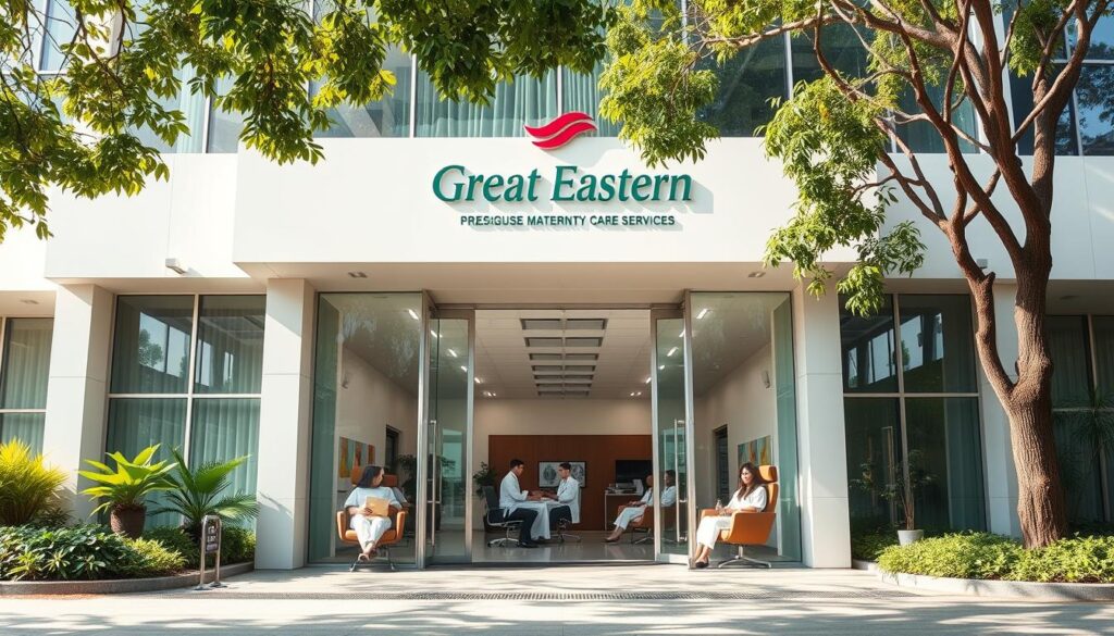 A sprawling, modern medical facility set against a backdrop of lush greenery. The Great Eastern logo prominently displayed on the facade, signifying its prestigious maternity care services. The entrance is flanked by glass doors, inviting patients to step inside the state-of-the-art maternity ward. Sunlight streams in through the large windows, casting a warm, reassuring glow. Inside, expectant mothers recline in comfortable, ergonomic chairs as they consult with attentive, compassionate medical staff. The atmosphere is one of tranquility and professionalism, reflecting the exceptional level of care provided by the Great Eastern team. The scene conveys a sense of security, empowerment, and the promise of a safe, healthy journey through the wonders of motherhood.