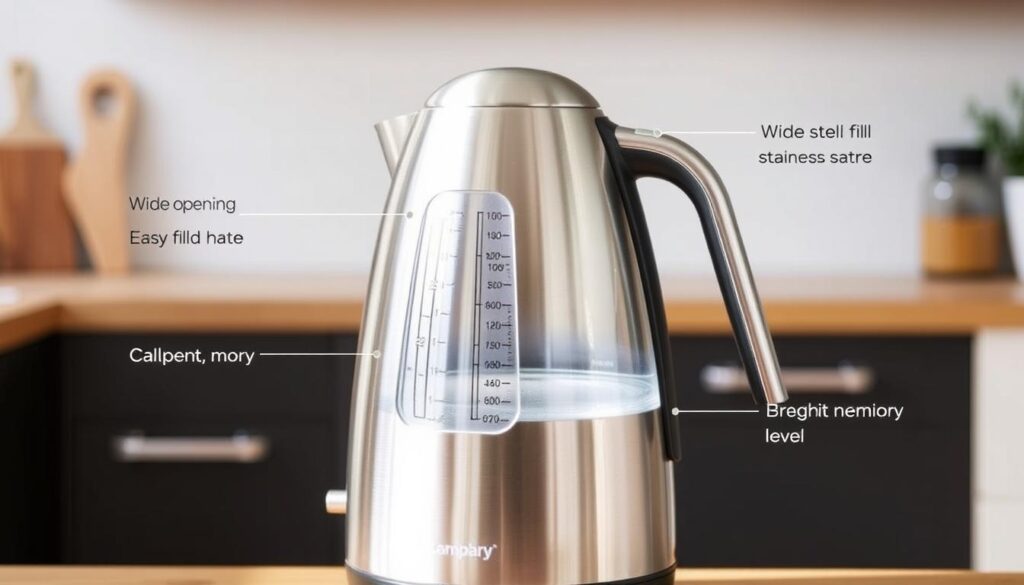 A stainless steel electric kettle sits atop a wooden kitchen counter, its sleek and modern design accentuated by soft, natural lighting. The kettle's various capacity features are clearly visible, including measurement markings, a wide opening for easy filling, and a transparent water window to monitor the level. The scene exudes a sense of simplicity and functionality, conveying the key considerations for choosing the right electric kettle for one's kitchen needs.
