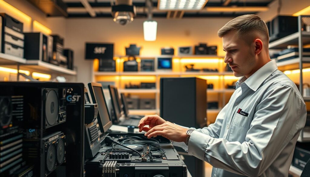 A state-of-the-art PC repair center, bathed in warm, inviting lighting. In the foreground, a technician in a crisp, professional uniform meticulously examines the inner workings of a desktop computer, their hands steady and focused. The middle ground showcases a array of high-end diagnostic tools and spare parts, conveying the depth of expertise and resources available. In the background, shelves brimming with neatly organized components and a modern, minimalist decor evoke a sense of technical mastery and exceptional customer service. An atmosphere of competence, care, and a relentless commitment to solving any PC issue. A state-of-the-art PC repair center, bathed in warm, inviting lighting. In the foreground, a technician in a crisp, professional uniform meticulously examines the inner workings of a desktop computer, their hands steady and focused. The middle ground showcases a array of high-end diagnostic tools and spare parts, conveying the depth of expertise and resources available. In the background, shelves brimming with neatly organized components and a modern, minimalist decor evoke a sense of technical mastery and exceptional customer service. An atmosphere of competence, care, and a relentless commitment to solving any PC issue.