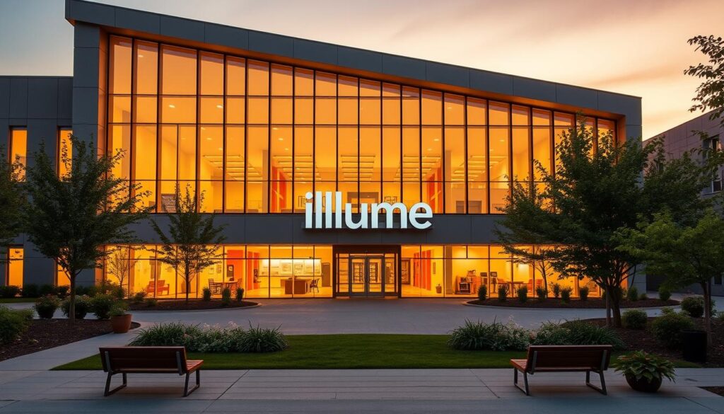 A stately, modern facade of the illum.e learning center, bathed in warm, golden light that casts a soft, inviting glow. The building's sleek, angular design is accentuated by floor-to-ceiling windows, drawing the eye inward to the vibrant, well-equipped classrooms within. In the foreground, a serene, landscaped courtyard with strategically placed benches and lush greenery, creating a peaceful, contemplative atmosphere. The overall scene conveys a sense of academic excellence, innovation, and a dedication to fostering student success, perfectly capturing the essence of the "illum.e: Lighting the Way to Academic Mastery" section.