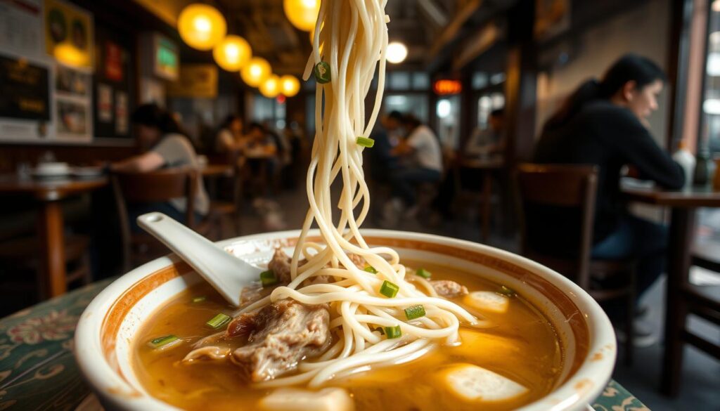 A steaming bowl of Hill Street Tai Hwa's signature pork noodles takes center stage, its rich broth glistening under warm, golden lighting. Delicate strands of handmade noodles twirl around tender, slow-cooked pork slices, garnished with crisp bean sprouts and freshly chopped scallions. The hawker stall's bustling atmosphere is captured in the background, with patrons seated at worn wooden tables, enjoying the Michelin-starred dish. The scene is shot from a low angle, emphasizing the dish's prominence and the unassuming elegance of this beloved local institution.