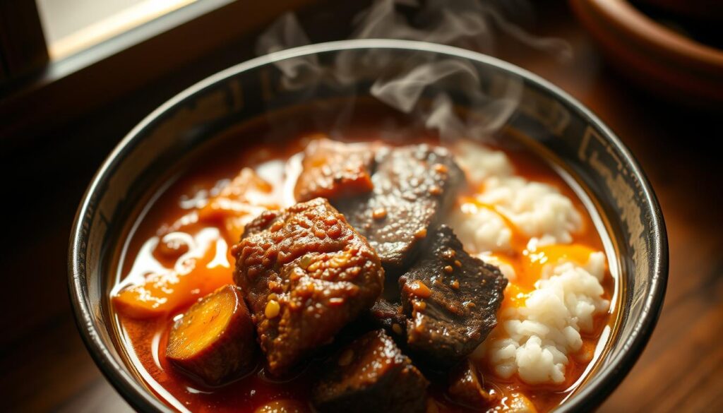 A steaming bowl of Maruhachi donburi curry, filled to the brim with tender braised beef, fluffy rice, and a rich, fragrant curry sauce. The beef is seared to perfection, with a deep, caramelized crust that contrasts beautifully with the tender, juicy interior. The curry sauce glistens with a complex blend of spices, creating a harmonious balance of sweet, savory, and just the right amount of heat. The rice is cooked to a soft, fluffy texture, providing a neutral canvas for the bold flavors of the curry. The lighting is warm and inviting, casting a gentle glow over the dish and creating a comforting, homely atmosphere. The camera angle is slightly elevated, allowing the viewer to appreciate the depth and layering of the ingredients. This is a dish that speaks to the heart of Japanese comfort food, offering an affordable yet exceptional culinary experience.