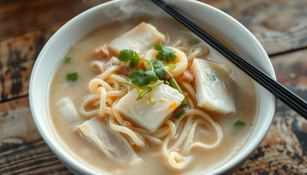 A steaming bowl of fish bee hoon, its milky broth shimmering under soft, diffused lighting. Thick, chewy noodles intertwine with tender slices of fresh white fish, their textures complementing each other. Delicate fronds of cilantro and scallions add vibrant pops of green, while a drizzle of aromatic sesame oil glistens on the surface. The bowl is set against a backdrop of weathered wooden planks, hinting at the dish's humble, homestyle origins. A sense of comfort and warmth pervades the scene, inviting the viewer to enjoy this quintessential Singaporean comfort food.