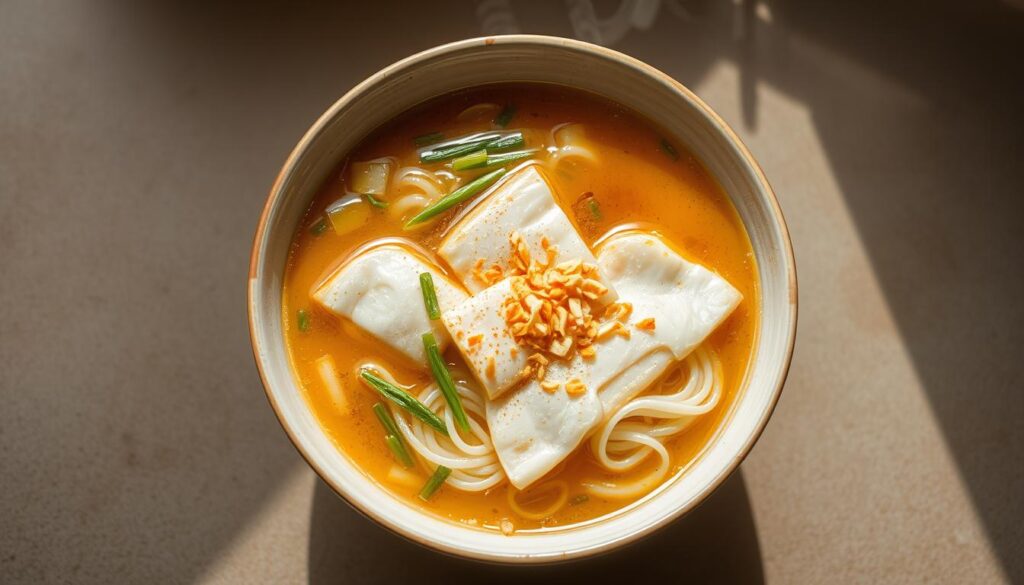 A steaming bowl of fish bee hoon noodle soup, its golden broth shimmering under soft, warm lighting. Delicate, flaky fish fillets nestle among a tangle of springy rice noodles, garnished with vibrant green onions and a sprinkle of crisp fried shallots. The scene is set against a muted background, allowing the vibrant colors and textures of the dish to take center stage. A sense of comfort and homespun goodness radiates from the image, inviting the viewer to indulge in this Singaporean classic.