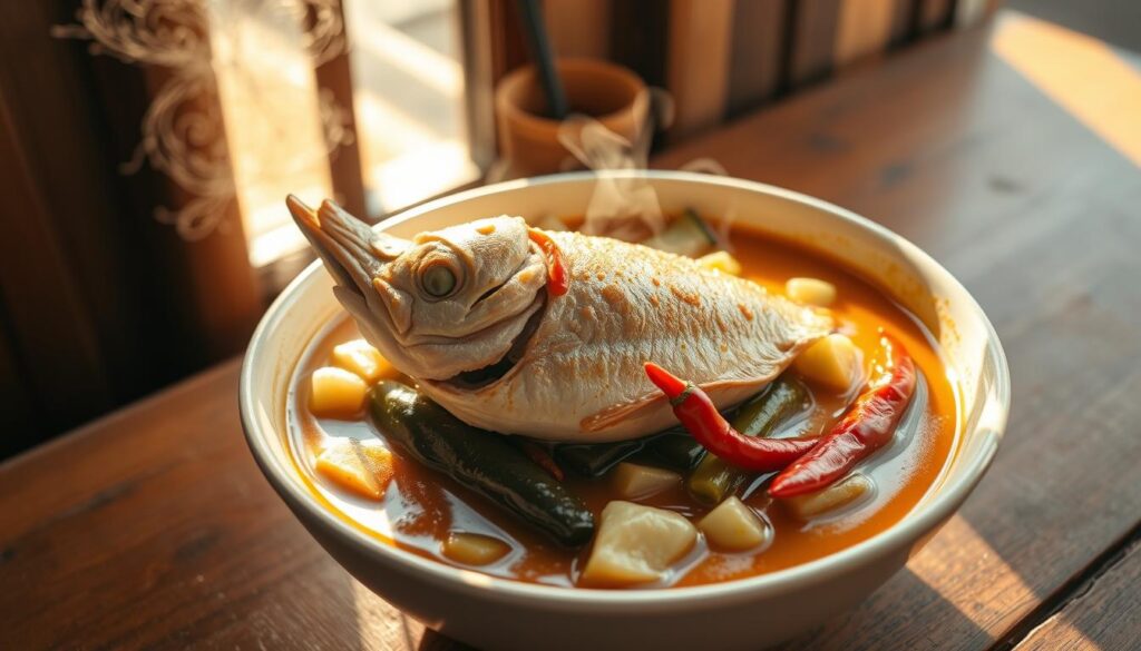A steaming bowl of fish head curry, the signature dish of Singapore's Peranakan cuisine. The tender fish head, bathed in a rich, aromatic curry broth, sits atop a bed of soft, translucent okra and eggplant. Vibrant red chilies and fragrant kaffir lime leaves add pops of color and aroma. Warm sunlight filters through the window, casting a golden glow on the dish and highlighting the intricate textures of the ingredients. The scene is framed by a simple, rustic wooden table, evoking the comfort and authenticity of a family-run hawker stall. The overall mood is one of cultural heritage, culinary mastery, and the mouthwatering allure of this quintessential Singaporean delicacy.