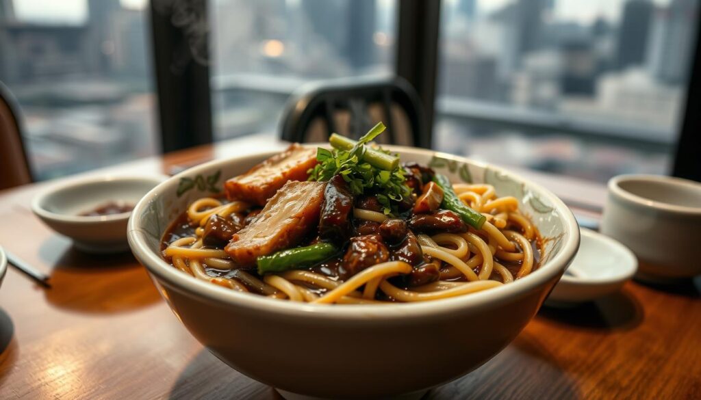 A steaming bowl of o.bba jjajang black bean noodles, the centerpiece of the frame. The noodles, cooked to a perfect al dente, are coated in a rich, savory black bean sauce, glistening under the warm, diffused lighting. Tender pieces of pork and crunchy vegetables add texture and depth to the dish. The bowl is set on a wooden table, surrounded by minimalist tableware, conveying a sense of refined simplicity. In the background, a blurred cityscape suggests an urban setting, hinting at the vibrant food scene of Singapore. The overall mood is one of comfort, indulgence, and appreciation for the art of authentic jajangmyeon.