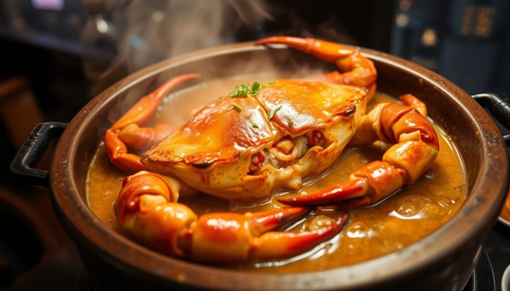 A steaming claypot filled with plump, juicy crab nestled in a rich, creamy gravy. The crab meat glistens under the warm, ambient lighting, its tender flesh contrasted by the crisp, charred edges. Garnished with aromatic herbs and a drizzle of golden oil, the dish emanates an inviting aroma that beckons the senses. In the background, a blurred cityscape hints at the renowned Mellben Seafood restaurant's legacy, where this award-winning crab dish has become a beloved Singapore culinary icon.