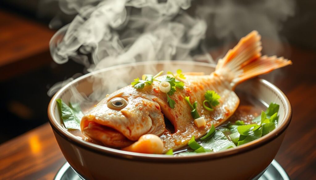 A steaming hot bowl of Whampoa Keng's famous fish head steamboat, filled with fresh succulent fish head, simmered in a savory broth infused with aromatic spices. The fish head rests atop a bed of leafy greens, with a garnish of sliced scallions and coriander. Wispy steam rises from the bowl, creating a cozy, inviting atmosphere. The scene is captured in a warm, soft-focus lens, highlighting the dish's rich textures and vibrant colors. Backlighting casts a gentle glow, emphasizing the hearty, comforting nature of this Singaporean culinary classic.