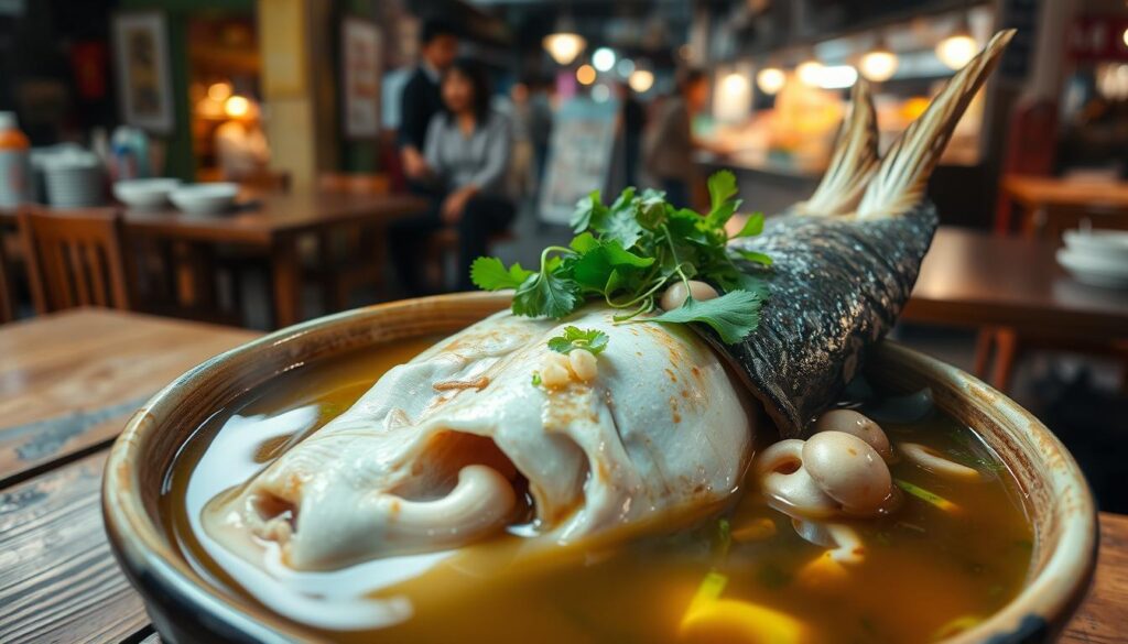 A steaming hot bowl of Xin Heng Feng's famous fish head steamboat, set against the vibrant backdrop of Whampoa Market. The fish head simmers in a rich, aromatic broth, infused with a medley of fresh herbs and spices. The tender meat glistens, inviting a closer look. Delicate leafy greens and plump mushrooms float atop the bubbling liquid, complementing the star of the dish. Warm lighting casts a cozy glow, drawing the viewer into the comforting scene. The weathered wooden tables and bustling market stalls in the background suggest a well-loved, authentic local eatery. A sense of tradition and satisfaction permeates the frame, capturing the essence of this beloved Singaporean specialty.