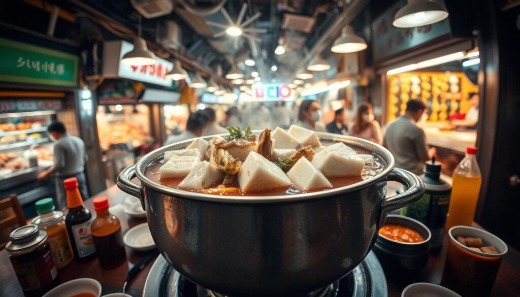 A steaming hot pot of Bugis fish head steamboat sits prominently in the center of the frame, its rich, savory broth gently bubbling. Tender chunks of fish head, glistening with fresh oil, float alongside aromatic vegetables and silky tofu. The tabletop is adorned with condiments and sauces, ready to be added for the perfect balance of flavors. Surrounding the pot, the bustling Kallang Bahru hawker center comes into view, its vibrant atmosphere captured through a wide-angle lens. Overhead, warm lighting casts a cozy glow, highlighting the rustic charm of the no-frills setup. The scene evokes a sense of authentic, local Singaporean cuisine, ready to be savored by eager seafood enthusiasts.