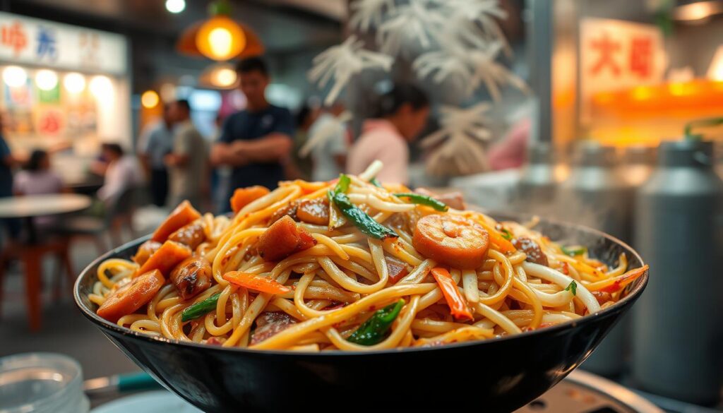A steaming plate of char kway teow noodles, freshly stir-fried with a mouthwatering blend of soy sauce, garlic, and a hint of chili heat. Plump rice noodles entwined with slices of Chinese sausage, shrimp, and crunchy bean sprouts, glistening under the warm, golden glow of a street hawker's stall. The noodles are expertly tossed and charred, creating a symphony of textures and flavors that epitomize the vibrant, multicultural cuisine of Singapore. The scene is set against a backdrop of bustling hawker center activity, with the aroma of spices and sizzling woks filling the air, inviting the viewer to indulge in this iconic Singaporean dish.