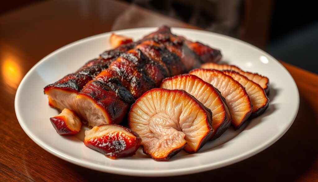 A steaming plate of expertly-roasted Cantonese-style char siu, its glistening mahogany exterior contrasting with the tender, juicy interior. Crisp-edged slices of roast pork belly, the signature crunch of the skin giving way to rich, meltingly soft meat. An artful arrangement on a clean white dish, bathed in warm, golden lighting that enhances the appetizing appearance. A refined, Michelin-worthy presentation of Singapore's signature roast meat delicacies, capturing the essence of a high-end dining experience.