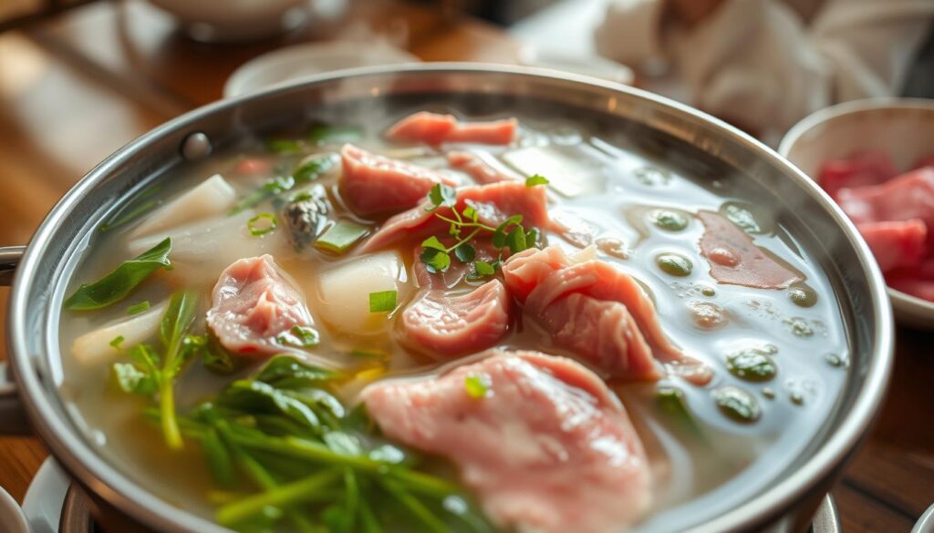 A steaming pot of shabu shabu broth, filled with an array of aromatic ingredients. In the foreground, thin slices of premium beef, fresh vegetables, and fragrant herbs float in a clear, flavorful liquid. The middle ground showcases the vibrant colors of the ingredients, while the background is hazy, suggesting a cozy, intimate dining setting. Soft, natural lighting casts a warm glow over the scene, creating a comforting and inviting atmosphere. The camera angle is slightly elevated, providing a tantalizing view of the delectable soup base, ready to be enjoyed with thinly sliced meats and crisp greens.