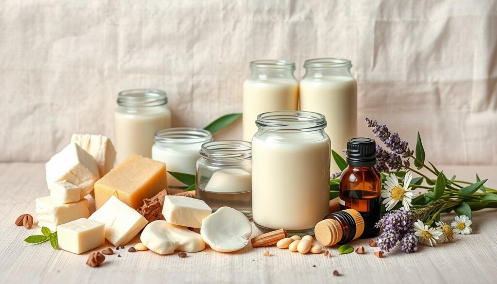 A still life composition of various hand cream ingredients arranged on a neutral background. The foreground features an assortment of natural botanicals such as shea butter, cocoa butter, aloe vera, and essential oils like lavender and chamomile. The middle ground showcases glass jars and containers holding the creamy formulations, while the background has a subtle textured surface, perhaps linen or wood, to provide depth and context. The lighting is soft and diffused, creating gentle shadows and highlights that accentuate the natural textures and tones of the ingredients. The overall mood is calm, serene, and inviting, reflecting the soothing and nourishing properties of a quality hand cream.