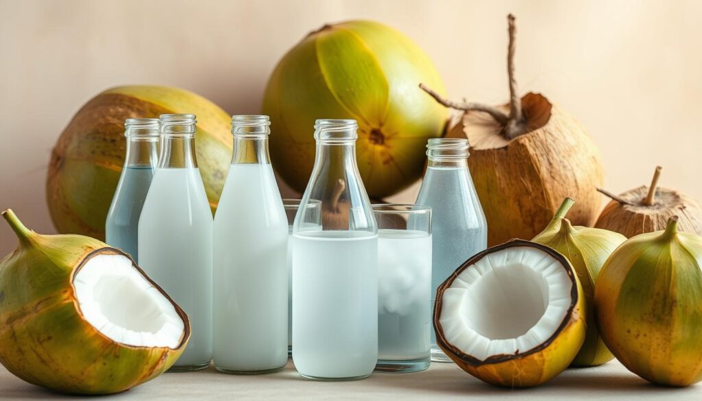 A still life photography setup capturing a selection of fresh, high-quality coconuts and coconut water. The coconuts are arranged in the foreground, with their vibrant green husks and stems visible. In the middle ground, several clear glass bottles filled with pure, translucent coconut water reflect the natural lighting. The background features a minimal, neutral-toned backdrop, allowing the coconuts and their water to be the focal point. The overall lighting is soft and diffused, creating a natural, serene atmosphere that highlights the purity and refreshing qualities of the coconut water. The composition emphasizes the visual appeal and premium attributes of the best coconut water in Singapore.