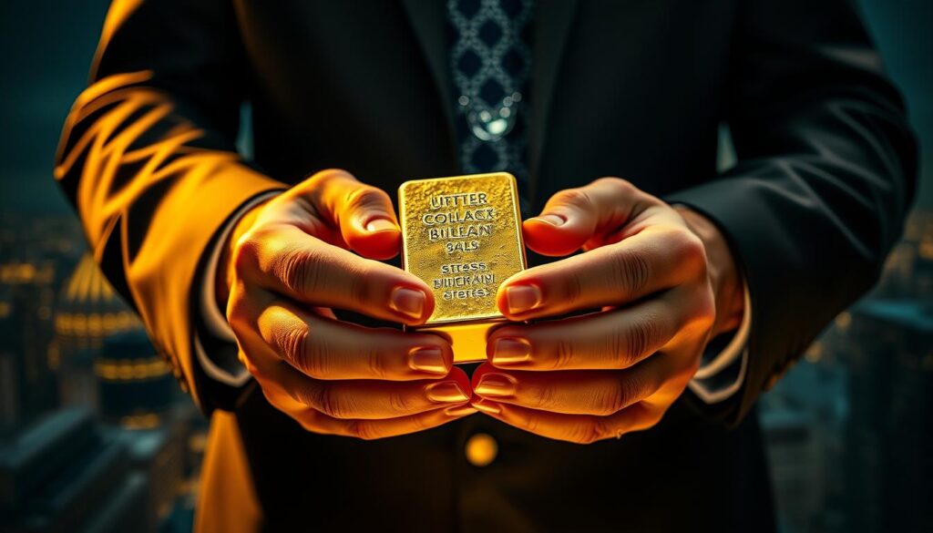 A striking close-up view of a businessman's hands holding gold bullion bars against a gleaming metallic background. The lighting is dramatic, with warm highlights casting a golden glow across the scene. The composition emphasizes the tactile nature of the precious metal, inviting the viewer to imagine the weight and value of the buyback opportunity. In the distant background, a blurred cityscape suggests the dynamic financial landscape in which this transaction takes place. The overall mood is one of wealth, prestige, and the allure of high-value assets.