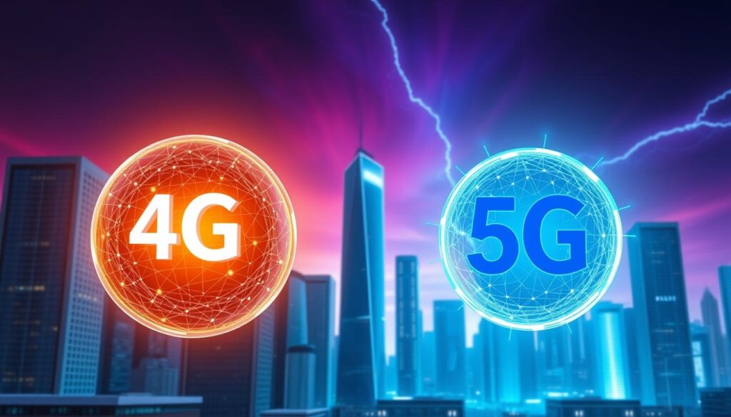 A striking comparison of 4G and 5G network speeds, showcased against a futuristic cityscape backdrop. In the foreground, two glowing data visualization spheres represent the distinct network capabilities, with 4G emitting a warm, amber glow and 5G pulsing with a cool, electric blue. The middle ground features sleek, high-rise buildings in a clean, minimalist architectural style, their glass facades reflecting the dynamic interplay of the network visualizations. The background is filled with a vibrant, neon-tinged sky, suggesting the cutting-edge technology powering the lightning-fast 5G network. The overall scene conveys a sense of technological advancement, efficiency, and the transformative potential of next-generation wireless connectivity.