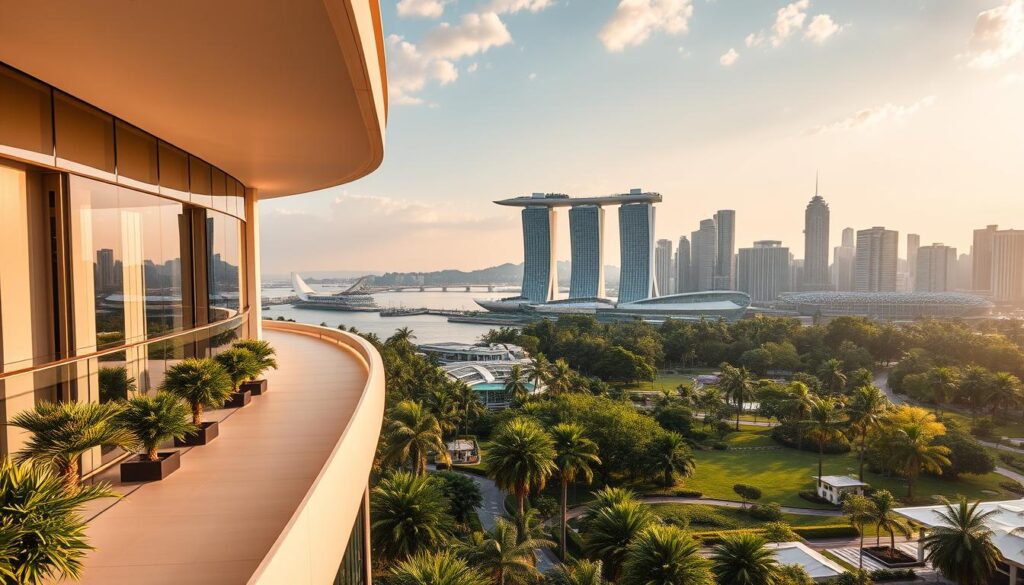A stunning, high-resolution image of a new, luxurious Singapore hotel with a breathtaking view. The foreground features the modern, sleek architecture of the hotel, with clean lines and floor-to-ceiling windows offering panoramic vistas. The middle ground showcases the lush, verdant gardens and manicured landscapes surrounding the property. In the background, the iconic skyline of Singapore shimmers, with the iconic Marina Bay Sands and other skyscrapers creating a dramatic, futuristic backdrop. The scene is bathed in warm, golden afternoon light, creating a serene and inviting atmosphere. The image conveys a sense of contemporary elegance, cutting-edge design, and the ultimate in tropical resort living.