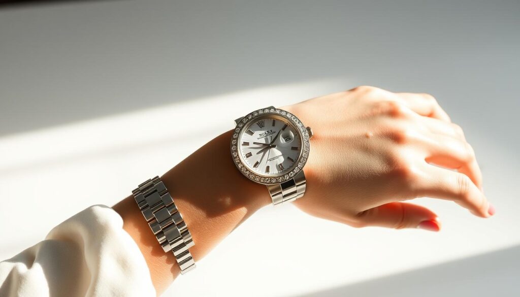 A stunning, luxurious Rolex watch elegantly adorning a woman's wrist. The timepiece's flawless stainless steel case and meticulously crafted bracelet catch the light, reflecting its exquisite craftsmanship. The watch face features a radiant diamond-studded bezel, complemented by a mother-of-pearl dial with delicate hands and indices. Soft, natural lighting illuminates the scene, highlighting the watch's timeless, sophisticated beauty. The woman's hand is poised gracefully, showcasing the Rolex's refined elegance against a minimalist, high-contrast background that allows the timepiece to take center stage.
