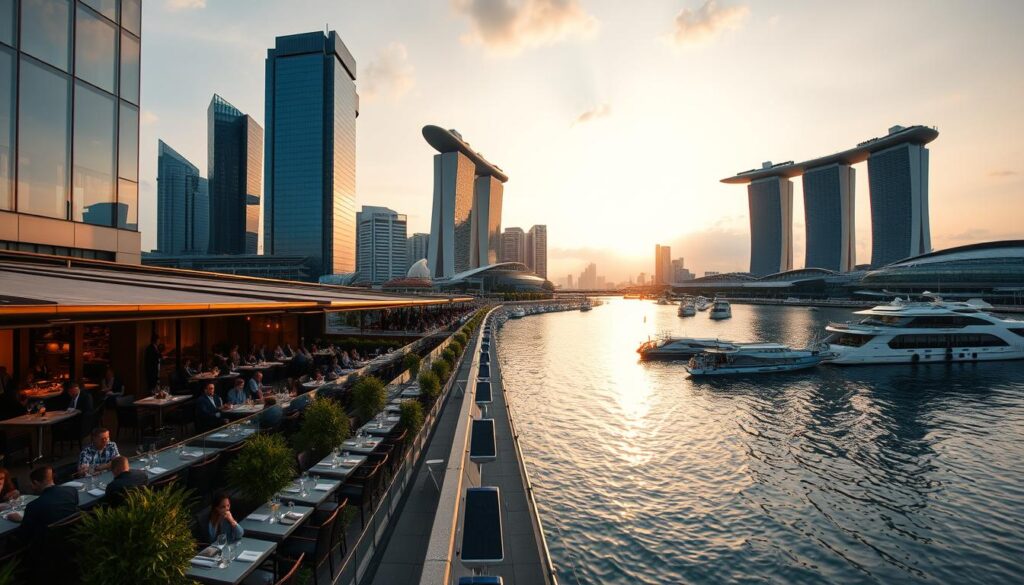 A stunning, panoramic view of the Marina Bay dining scene, with chic, contemporary restaurants and cafes lining the waterfront promenade. Gleaming high-rises and the iconic Marina Bay Sands complex provide a sleek, modern backdrop, bathed in the warm, golden glow of the setting sun. Elegant, well-dressed diners spill out onto outdoor terraces, savoring the vibrant atmosphere and breathtaking vistas of the bay. Reflections of the glittering skyline dance on the calm waters, creating a serene, almost dreamlike ambiance. The scene is captured with a wide-angle lens, highlighting the scale and grandeur of this iconic Singaporean dining destination.