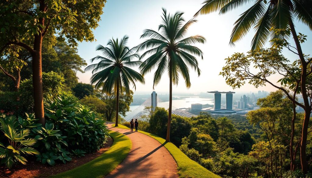 A stunning panoramic vista of the lush, verdant hiking trail winding through the heart of Mount Faber Park. The foreground reveals a well-maintained path, bordered by vibrant tropical foliage and towering palm trees casting soft, dappled shadows. In the middle ground, the iconic Henderson Waves pedestrian bridge emerges, its sleek undulating form silhouetted against the clear sky. The background showcases the breathtaking cityscape of Singapore, with the iconic Marina Bay Sands and skyscrapers rising in the distance. The scene is bathed in warm, golden light, creating a serene and awe-inspiring atmosphere that perfectly captures the majesty of this picturesque location.