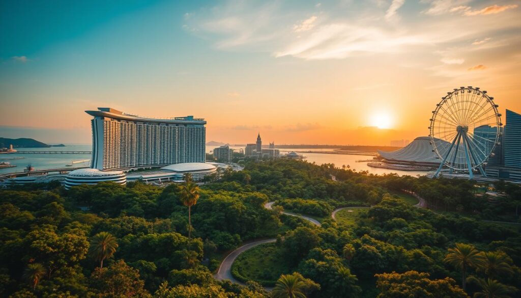A stunning vista of Sentosa Island's iconic attractions beyond the beach clubs. In the foreground, the towering architecture of the iconic Resorts World Sentosa, with its sleek, modern design and vibrant colors. In the middle ground, the lush greenery of the island's renowned nature trails, winding through scenic vistas. In the background, the majestic Singapore Flyer ferris wheel, casting a captivating silhouette against a golden sunset sky. The scene is illuminated by warm, natural lighting, capturing the island's serene and enchanting atmosphere. A wide-angle lens emphasizes the scale and grandeur of the setting, inviting the viewer to explore the multifaceted delights of Sentosa beyond its renowned beach clubs.