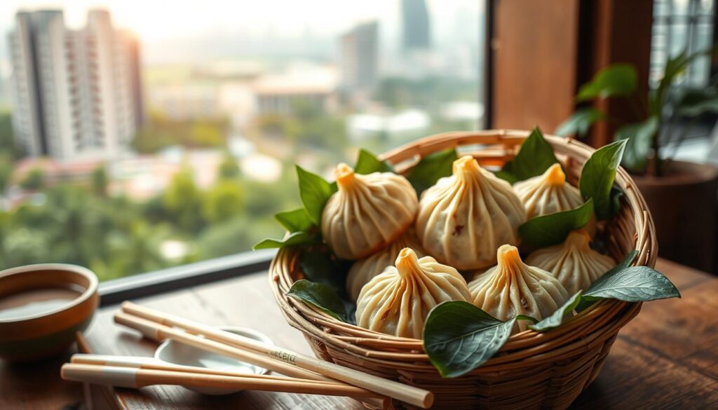 A stylish bamboo basket filled with steaming rice dumplings sits on a wooden table, surrounded by fresh green leaves and a pair of chopsticks. The dumplings have a glossy, golden-brown exterior, and the aroma of fragrant herbs and savory fillings wafts through the air. A soft, warm light illuminates the scene, casting a cozy, inviting glow. In the background, a blurred cityscape of high-rises and lush greenery suggests the bustling environment of Singapore. The overall composition evokes a sense of traditional craftsmanship, delicious flavors, and the convenience of having these beloved delicacies delivered right to your doorstep.