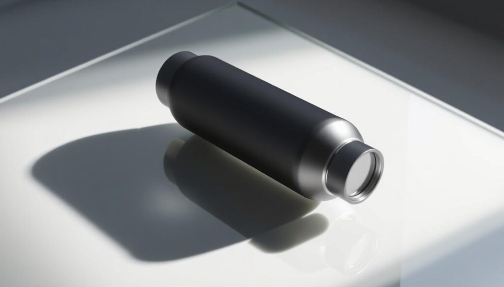 A stylish hydration container design featuring a sleek, minimalist silhouette with a matte metallic finish. The container is placed on a reflective, glass-like surface, casting a subtle shadow. Soft, diffused lighting from the side illuminates the curves and angles, highlighting the thoughtful design. The overall mood is one of modern elegance, where form and function seamlessly blend. The image captures the essence of a premium, high-quality water bottle that elevates the everyday drinking experience.