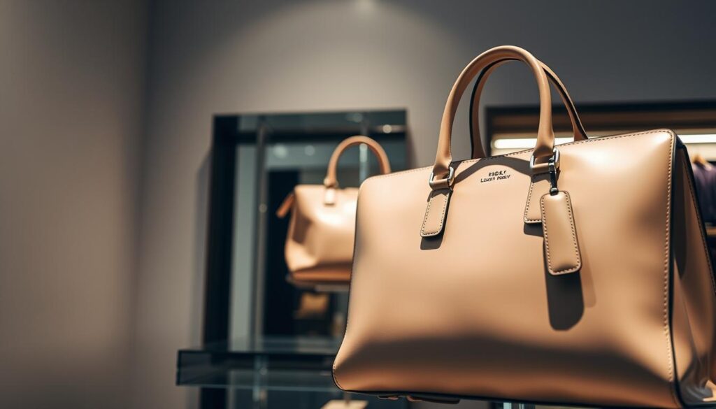A stylish luxury handbag in the foreground, its gleaming hardware and fine leather reflecting the soft, diffused lighting. In the middle ground, a minimalist display stand showcases the bag, its neutral tones and clean lines complementing the overall aesthetic. The background features a sophisticated, muted color palette, suggesting an upscale retail environment with a focus on premium pricing and exclusivity.