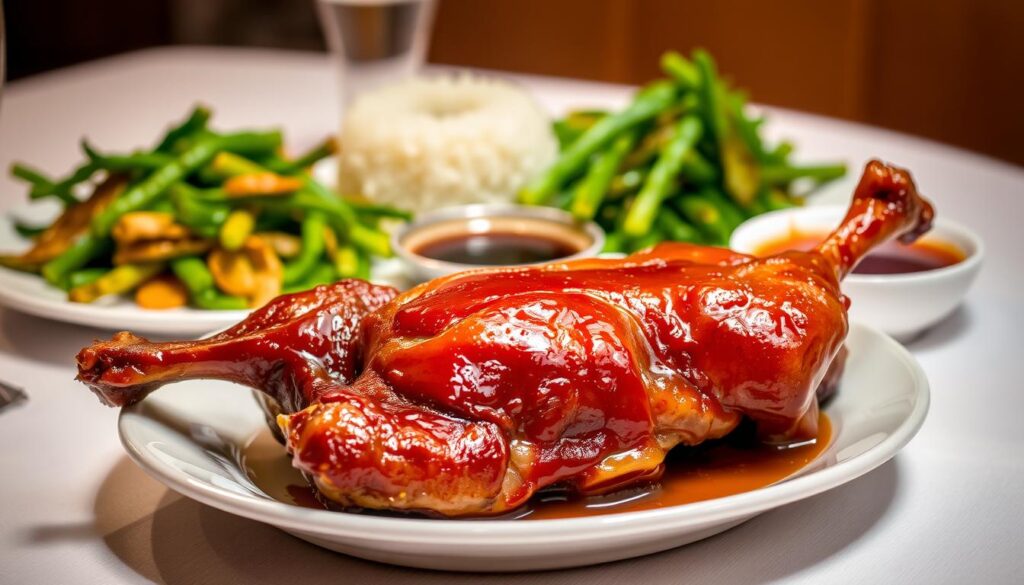 A succulent Michelin Bib Gourmand-recognized braised duck, the centerpiece of an elegant table setting. In the foreground, the duck glistens with a rich, caramelized glaze, its tender meat falling off the bone. The middle ground features an array of accompaniments - fragrant jasmine rice, vibrant stir-fried greens, and a small dish of savory dipping sauce. Soft, diffused lighting casts a warm, inviting glow over the scene, creating an atmosphere of refined culinary delight. The background is subtly blurred, focusing the viewer's attention on the expertly prepared dish. The composition is balanced and visually appealing, capturing the essence of a Michelin-recognized braised duck masterpiece.