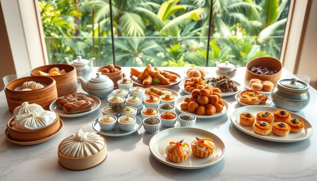 A sumptuous Cantonese dim sum brunch spread laid out on a sleek, marble tabletop. In the foreground, plump steamed pork buns, translucent shrimp dumplings, and delicate egg tarts glisten under soft, natural lighting. The middle ground features a colorful array of dainty pastries, savory roasted meats, and fragrant tea leaves spilling from ceramic pots. In the background, a panoramic view of a lush, tropical garden frames the scene, creating a serene, high-end ambiance. The overall composition evokes a sense of refined elegance and culinary indulgence, perfectly capturing the essence of a luxurious Cantonese dim sum brunch.