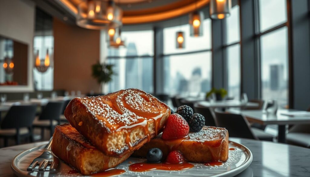 A sumptuous French toast creation set against the backdrop of a chic, upscale Singaporean cafe. In the foreground, thick slices of golden-brown brioche are drizzled with a glistening, caramelized sugar glaze, adorned with fresh berries and a dusting of powdered sugar. The mid-ground showcases the sophisticated, minimalist decor - sleek marble tabletops, muted tones, and elegant pendant lighting casting a warm, inviting glow. The background features floor-to-ceiling windows offering a glimpse of the bustling Singapore cityscape, conveying a sense of refined luxury and urban sophistication. Captured with a shallow depth of field, this image evokes an atmosphere of indulgence and exclusivity befitting the high-end setting of Cedric Grolet's renowned French toast in Singapore.