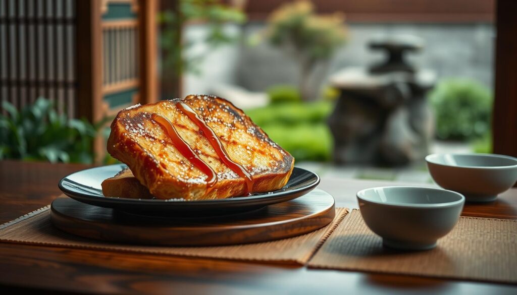 A sumptuous Japanese-style French toast on a platter, resting on a polished wood table. The toast is golden-brown, drizzled with a glistening syrup and dusted with powdered sugar. Elegant porcelain dishes and a bamboo placemat frame the scene, creating a refined, minimalist ambiance. Soft, directional lighting from above casts dramatic shadows, highlighting the delicate textures. In the background, a blurred, serene Japanese garden with lush greenery and a zen rock formation. The overall mood is one of refined sophistication and artful presentation, reflecting the section's title "Paaru: Japanese-Inspired Elegance in Every Bite".