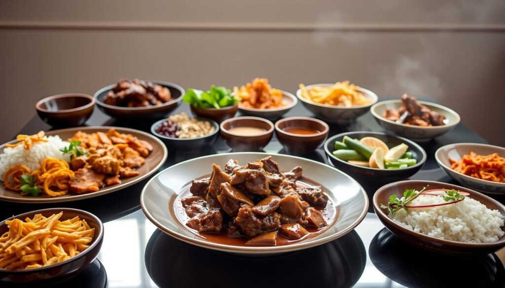 A sumptuous assortment of Singapore's finest beef rendang dishes, artfully presented on a gleaming table. In the foreground, a steaming plate of rendang, its rich, aromatic sauce glistening under the soft, diffused light. Surrounding it, an array of complementary side dishes - fragrant coconut rice, crisp keropok, and fresh herbs and vegetables. In the middle ground, a few small, wooden bowls holding additional condiments, adding layers of flavor. The background reveals a serene, minimalist setting, with clean lines and muted tones providing a calming backdrop to the vibrant culinary display. The overall mood is one of refined elegance and mouthwatering anticipation, inviting the viewer to savor the honorable mentions of Singapore's renowned beef rendang offerings.