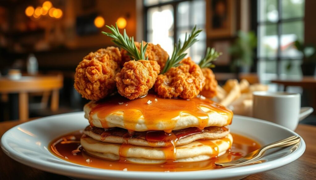 A sumptuous breakfast scene at Earlybird Cafe, featuring a visually striking arrangement of perfectly golden pancakes topped with crispy fried chicken, drizzled with a rich maple syrup glaze and garnished with fresh sprigs of rosemary. The focal point is the enticing main dish, set against a backdrop of a cozy cafe interior with warm, natural lighting filtering through large windows, casting a soft, inviting glow. The textural contrast between the fluffy pancakes and the crunchy chicken is accentuated, creating an appetizing visual harmony. The composition is balanced, with attention to detail in the presentation, conveying the cafe's reputation for exceptional, crave-worthy chicken and pancakes.