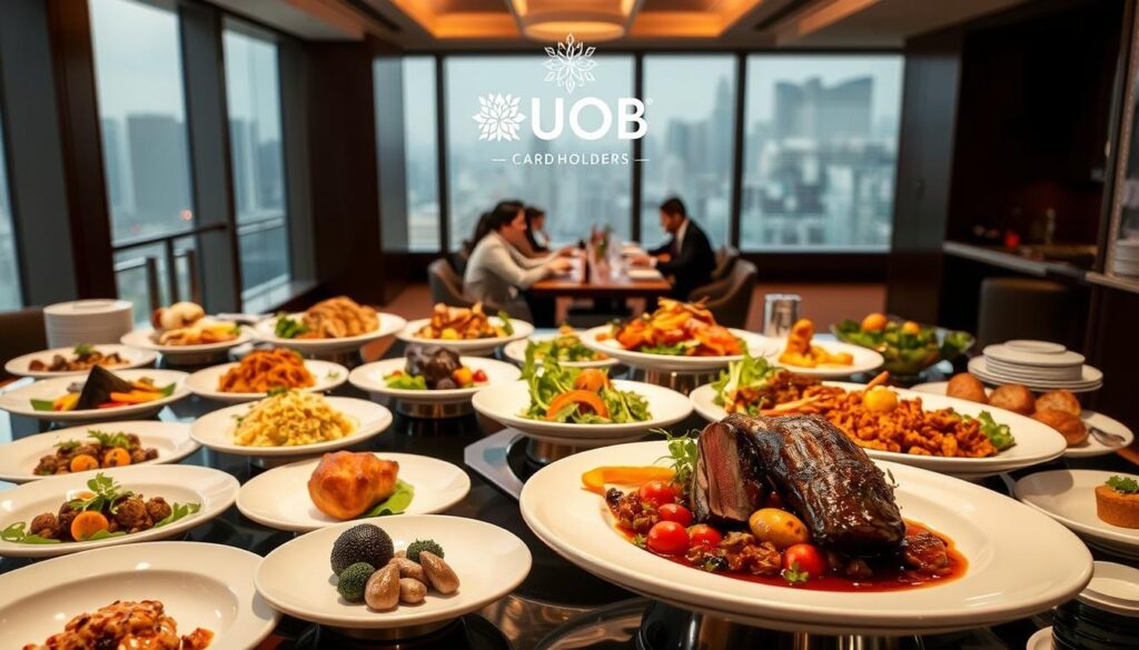 A sumptuous buffet setting in a contemporary dining room, bathed in warm, ambient lighting. The foreground features an array of delectable dishes, including succulent roasts, vibrant salads, and decadent desserts, all elegantly presented on pristine white plates. In the middle ground, smartly dressed diners sit at sleek, wooden tables, engaged in lively conversation. The background showcases a minimalist, yet stylish interior, with large windows offering a glimpse of the bustling city outside. A subtle yet prominent UOB logo subtly graces the scene, indicating the exclusive dining privileges available to UOB cardholders.