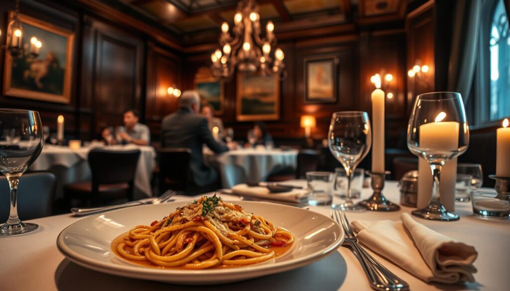 A sumptuous dining experience in a sophisticated, dimly lit restaurant. The table is adorned with a crisp white tablecloth, fine china, and sparkling glassware. Flickering candlelight casts a warm, romantic glow, creating an intimate atmosphere. In the foreground, a perfectly plated Italian dish, the aromatic aglio olio pasta glistens with olive oil and garlic. Elegant silverware and a delicate napkin fold add a touch of refinement. In the middle ground, well-dressed diners enjoy their meals, engaged in conversation. The background features a elegant, wood-paneled interior with tasteful artwork and ornate chandeliers, evoking an upscale, exclusive ambiance. A sumptuous dining experience in a sophisticated, dimly lit restaurant. The table is adorned with a crisp white tablecloth, fine china, and sparkling glassware. Flickering candlelight casts a warm, romantic glow, creating an intimate atmosphere. In the foreground, a perfectly plated Italian dish, the aromatic aglio olio pasta glistens with olive oil and garlic. Elegant silverware and a delicate napkin fold add a touch of refinement. In the middle ground, well-dressed diners enjoy their meals, engaged in conversation. The background features a elegant, wood-paneled interior with tasteful artwork and ornate chandeliers, evoking an upscale, exclusive ambiance.