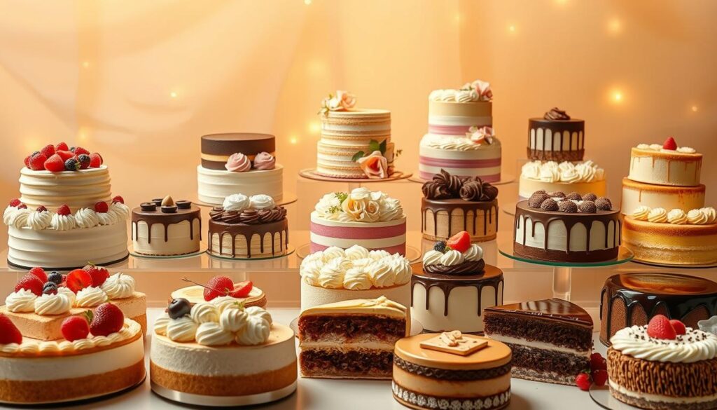 A sumptuous display of decadent cakes against a soft, dreamy backdrop. In the foreground, an array of exquisite creations - from fluffy sponge cakes adorned with fresh berries to rich chocolate confections with gleaming mirror glazes. The middle ground features a selection of elegant, artfully decorated layer cakes in pastel hues, complemented by delicate floral accents. The background is suffused with a warm, golden light, creating a cozy, inviting atmosphere. The cakes are presented on a sleek, modern display, showcasing their intricate details and tantalizing textures. This is a vision of indulgence and culinary mastery, capturing the essence of Singapore's finest cake selection.