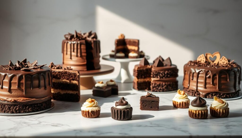 A sumptuous display of premium chocolate cakes on a marble countertop, bathed in soft, natural lighting. In the foreground, an assortment of decadent chocolate layers, drizzled with glistening ganache and adorned with delicate chocolate shards. The middle ground showcases an array of tempting petit fours, each a bite-sized work of confectionary art. In the background, a minimalist backdrop of soft grey tones allows the cakes to take center stage, creating a sense of elegance and indulgence. The overall composition evokes a mood of sophisticated, artisanal delight, inviting the viewer to savor the rich, velvety textures and flavors of these exceptional birthday treats.