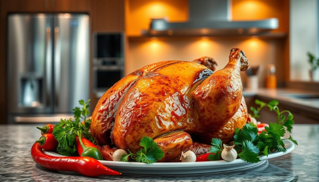 A sumptuous ginseng chicken dish set against the vibrant backdrop of a contemporary Singaporean kitchen. The juicy, golden-brown roast chicken takes center stage, its fragrant ginseng marinade permeating the tender meat. Surrounding the dish, a meticulously curated array of traditional Singaporean ingredients - fresh chili peppers, coriander sprigs, and aromatic shallots - add layers of color and flavor. Warm, diffused lighting casts a cozy glow, while sleek, modern kitchen appliances and granite countertops suggest an upscale, urban setting. The overall composition evokes a harmonious fusion of classic and contemporary Singaporean culinary artistry.