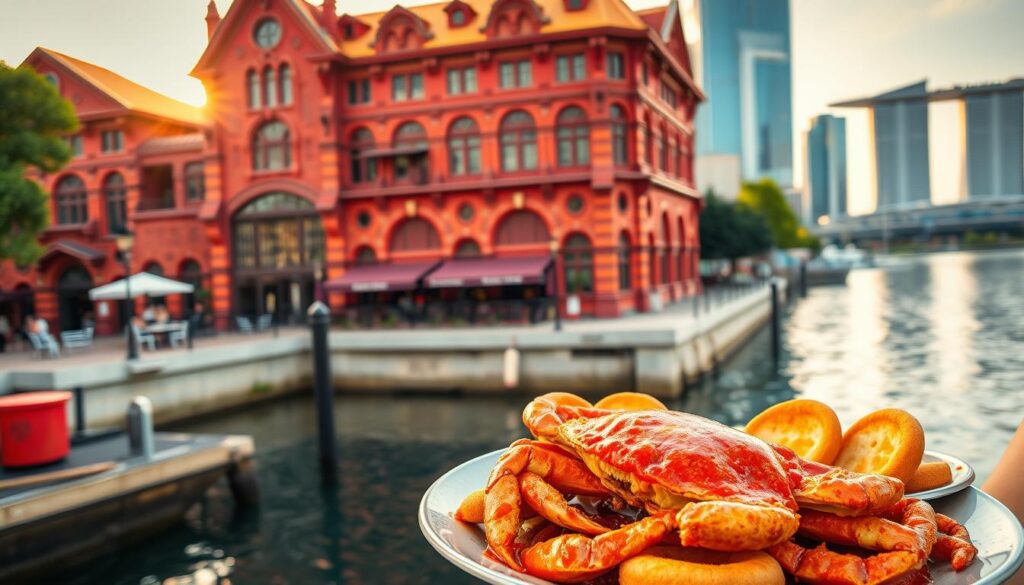 A sumptuous red brick building stands in the foreground, its facade adorned with intricate architectural details. The warm glow of the afternoon sun bathes the structure, creating a cozy and inviting ambiance. In the center, a large plate emerges, filled with a tantalizing display of chili crab - its rich, reddish-orange sauce glistening under the light, complemented by tender, juicy crab meat. Accompanying the crab are golden-brown fried buns, ready to soak up the flavorful sauce. The background features a serene waterfront setting, with the calm waters of the Singapore harbor reflecting the vibrant hues of the scene. An overall sense of indulgence and celebration emanates from this captivating image.