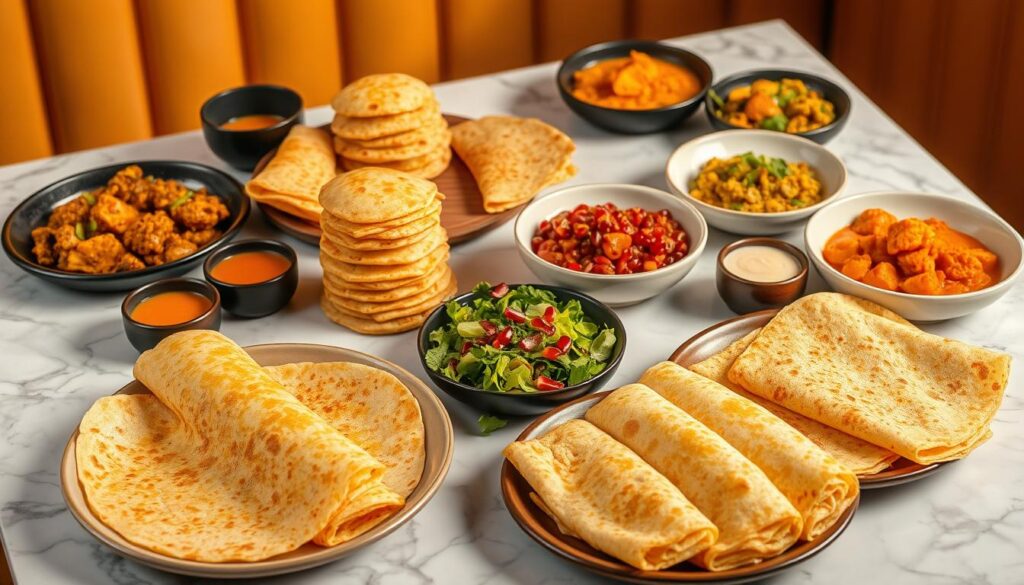 A sumptuous spread of modern Indian brunch dishes, artfully arranged on a marble table under warm, golden lighting. In the foreground, a platter of fluffy masala dosa accompanied by vibrant chutneys and aromatic sambar. Beside it, a tower of flaky, golden-brown medu vada and a bowl of creamy, saffron-infused sevai. In the middle ground, a vibrant salad of fresh greens, juicy pomegranate arils, and a tangy tamarind dressing. In the background, a selection of colorful and fragrant curries, including a rich, velvety butter chicken and a tangy, spicy vegetable korma. The overall scene exudes a contemporary, sophisticated vibe, inviting the viewer to indulge in a refined and innovative modern Indian brunch experience.