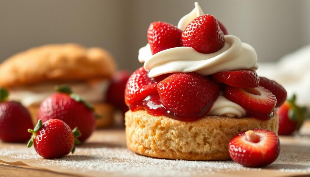 A sumptuous still life capturing the key components of a quality strawberry shortcake. In the foreground, a freshly baked golden-brown biscuit with a crisp, flaky exterior. Atop it, a generous mound of ripe, ruby-red strawberries, their juices glistening. Surrounding them, a velvety swirl of freshly whipped cream, light and airy. In the background, a soft, diffused natural light filters in, casting a warm, inviting glow. The composition is balanced, the lighting is soft and flattering, and the overall mood is one of decadence and indulgence - a true feast for the senses.