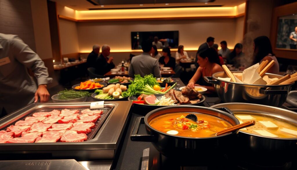 A sumptuous yakiniku and hotpot buffet spread, illuminated by warm, ambient lighting. In the foreground, an array of tender, marinated meats sizzle on a sleek, stainless-steel grill. Alongside, a bubbling hotpot brims with a savory, aromatic broth, inviting guests to dip an assortment of fresh vegetables, tofu, and noodles. In the middle ground, guests gather around the table, engaged in lively conversation and the communal experience of this Japanese culinary delight. The background features a minimalist, modern dining space, with clean lines and natural wood accents, creating a refined yet welcoming atmosphere. The scene evokes the perfect balance of flavors, textures, and social interaction that defines the best yakiniku and hotpot buffets in Singapore.