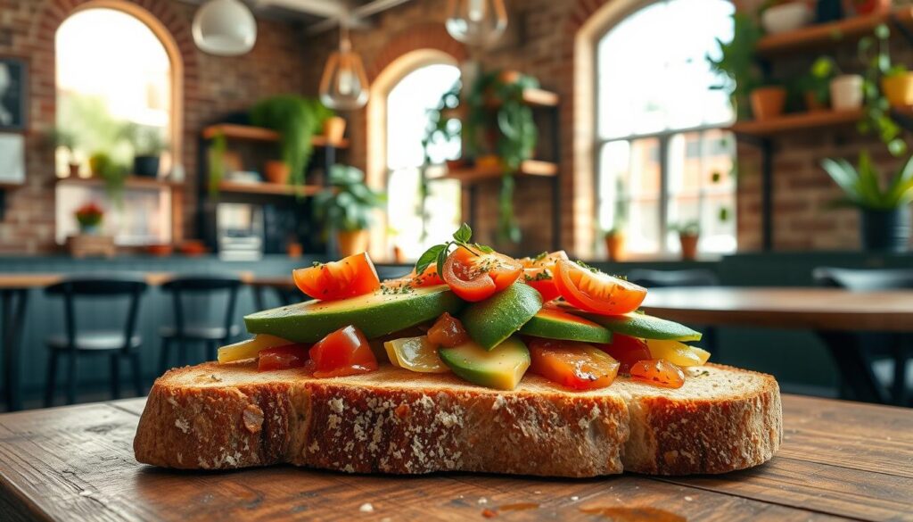 A sun-dappled Australian-inspired café, with sourdough toast taking center stage. In the foreground, thick-cut slices of artisanal sourdough bread, lightly toasted, their golden-brown crusts glistening. Atop the toast, a vibrant array of toppings - fresh avocado slices, juicy tomatoes, and a sprinkle of herbs. Surrounding the toast, a rustic wooden table, weathered by time, creates a cozy, inviting atmosphere. In the background, the café's interior is adorned with warm, natural tones - exposed brick walls, pendant lighting, and lush greenery cascading from shelves. The overall scene conveys a sense of relaxed sophistication, where the simple pleasure of a well-crafted sourdough toast is celebrated.