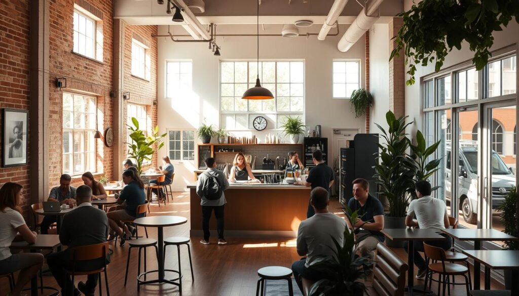 A sun-dappled, airy interior of Common Man Coffee Roasters, with a focal point on the central coffee bar. Sleek, minimalist design features exposed brick walls, wooden floors, and large windows that bathe the space in natural light. Customers seated at small tables and high-tops, immersed in conversation and the fragrant aroma of freshly roasted coffee. Baristas expertly craft artisanal brews behind the counter, their movements elegant and precise. Lush greenery and potted plants accent the space, conveying a sense of sustainability and connection to nature. The overall atmosphere is one of relaxed sophistication, where the quality of the coffee and the thoughtful design come together to create an inviting, community-oriented experience.