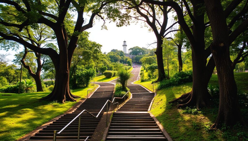 A sun-dappled path winds through lush greenery, flanked by towering heritage trees in Fort Canning Park. Weathered stone stairways lead up the gentle slopes, offering glimpses of ancient fortifications and historical markers. In the distance, the iconic silhouette of the Fort Canning Lighthouse stands tall, casting a warm glow over the scene. Joggers and pedestrians meander along the well-maintained trails, immersed in the park's tranquil ambiance and layers of cultural significance. The overall atmosphere evokes a sense of discovery and exploration, inviting visitors to uncover the park's rich history through this captivating walking route.