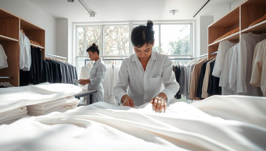 A sun-dappled scene of a high-end dry cleaning shop in Singapore. In the foreground, delicate fabrics are carefully handled by skilled professionals, their movements precise and deliberate. The mid-ground showcases an array of garments, each displayed with meticulous attention to detail. The background features a minimalist, well-lit interior with large windows, allowing natural light to filter in and highlight the pristine cleanliness of the establishment. The overall atmosphere conveys a sense of trust, expertise, and the valued tradition of garment care that Singaporeans have come to expect from their top-tier dry cleaning services.